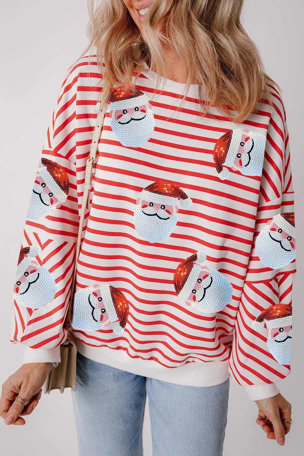 Sequin Santa Claus Christmas Striped Sweatshirt | S-XL