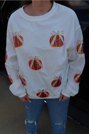 PREORDER  Bow Pumpkin Sequin Corded Crews