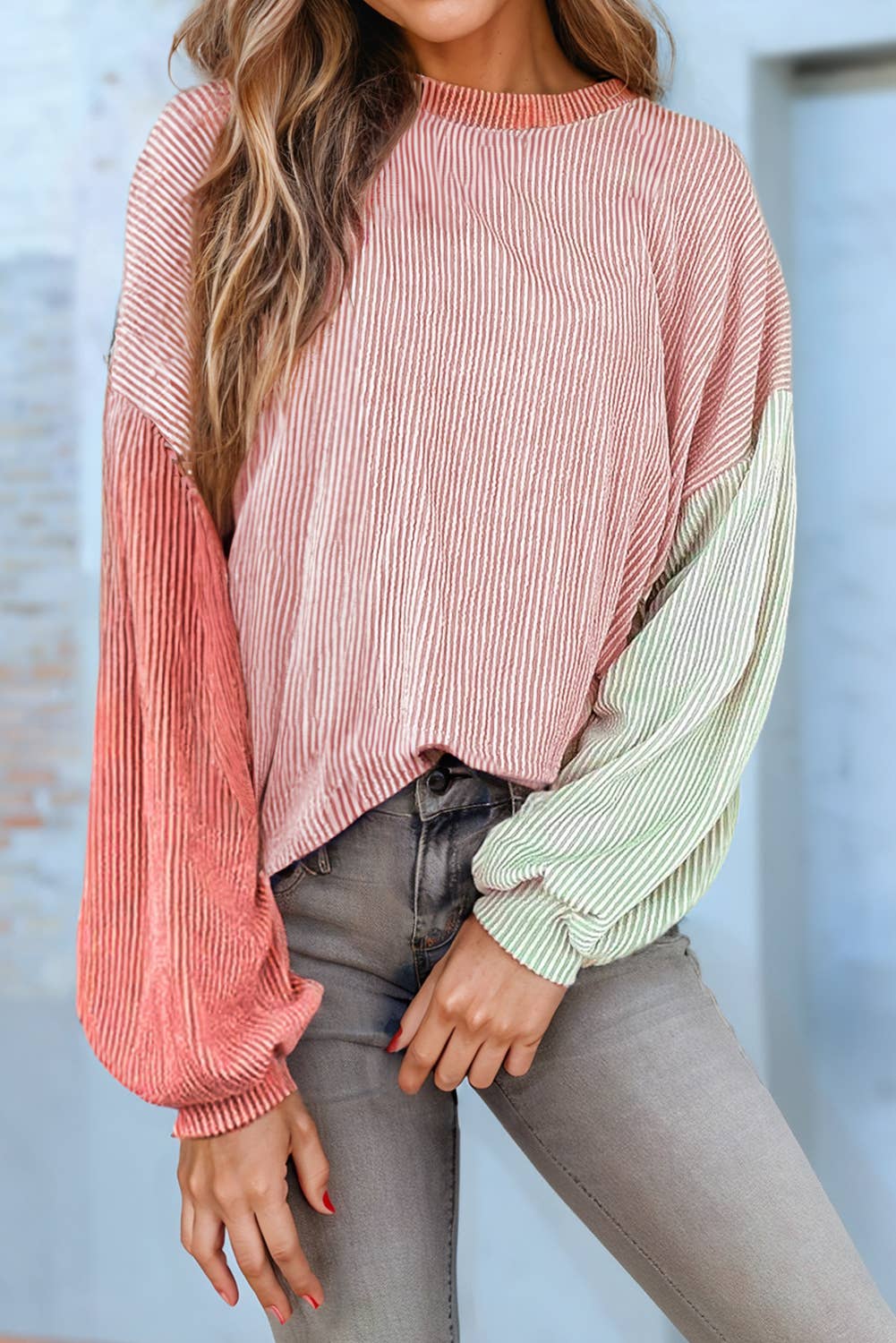 Corded Colorblock Loose Fit Long Sleeve Top |