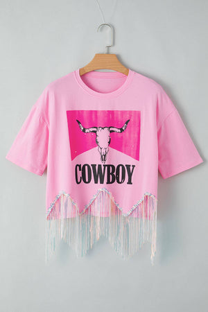 Women COWBOY Western Print Sequin Fringed Graphic Tee |