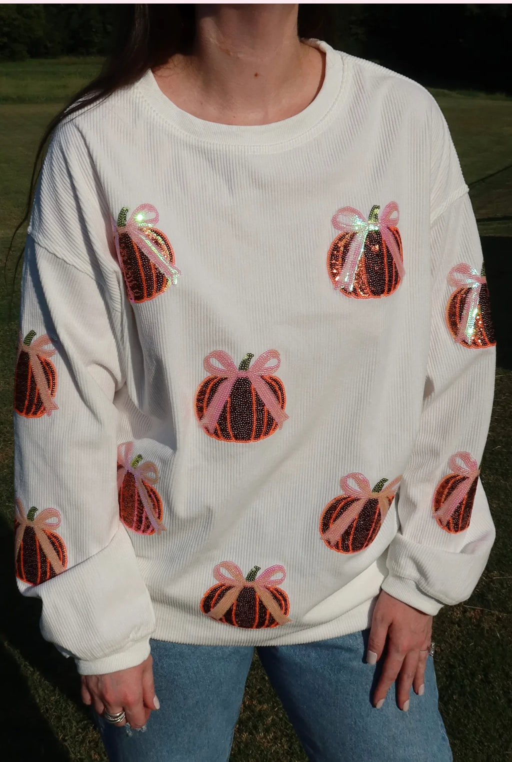 PREORDER  Bow Pumpkin Sequin Corded Crews