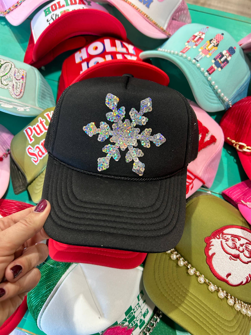 Sequin Snowflake Trucker Hat | Christmas Caps| Holiday |