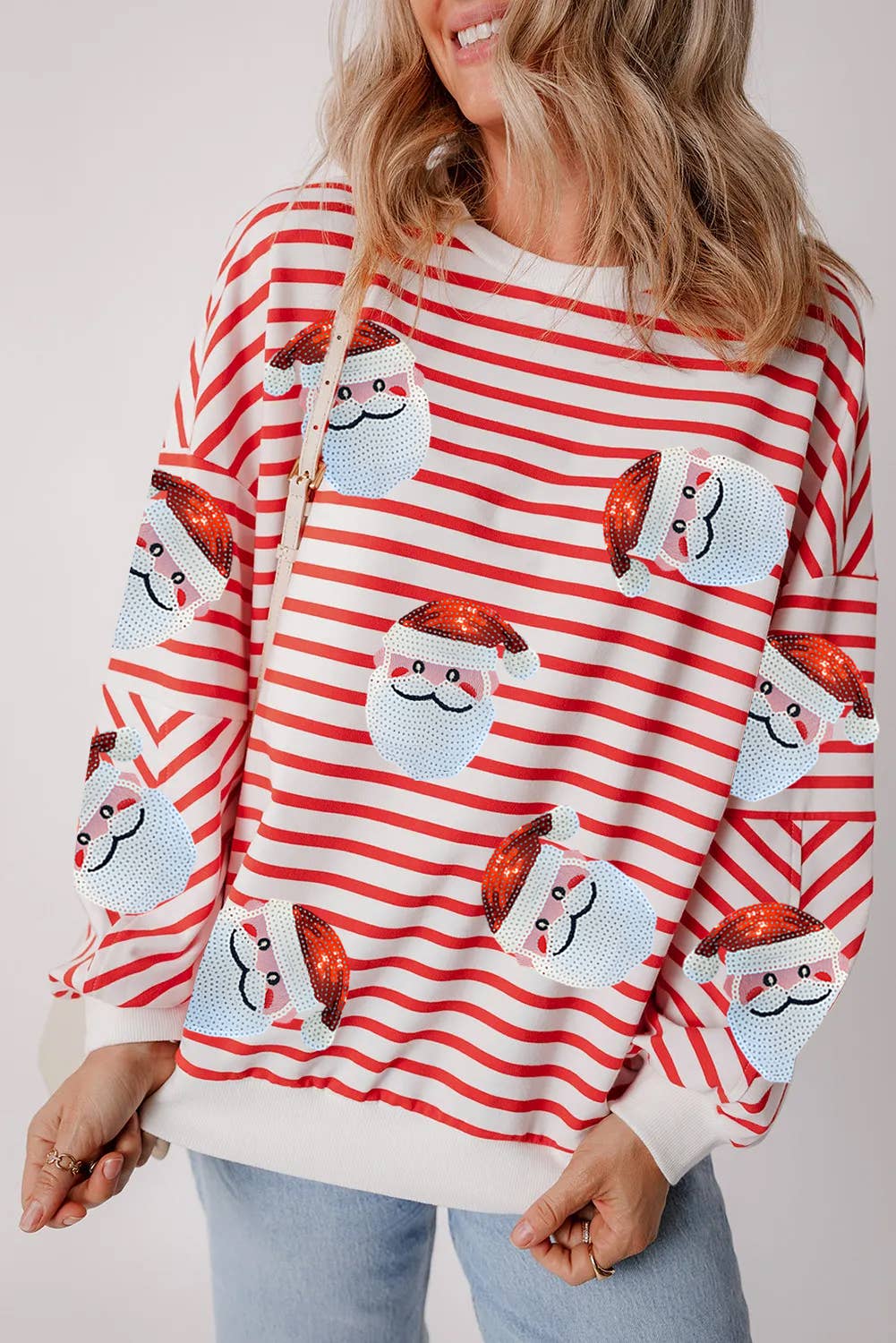 Sequin Santa Claus Christmas Striped Sweatshirt | S-XL