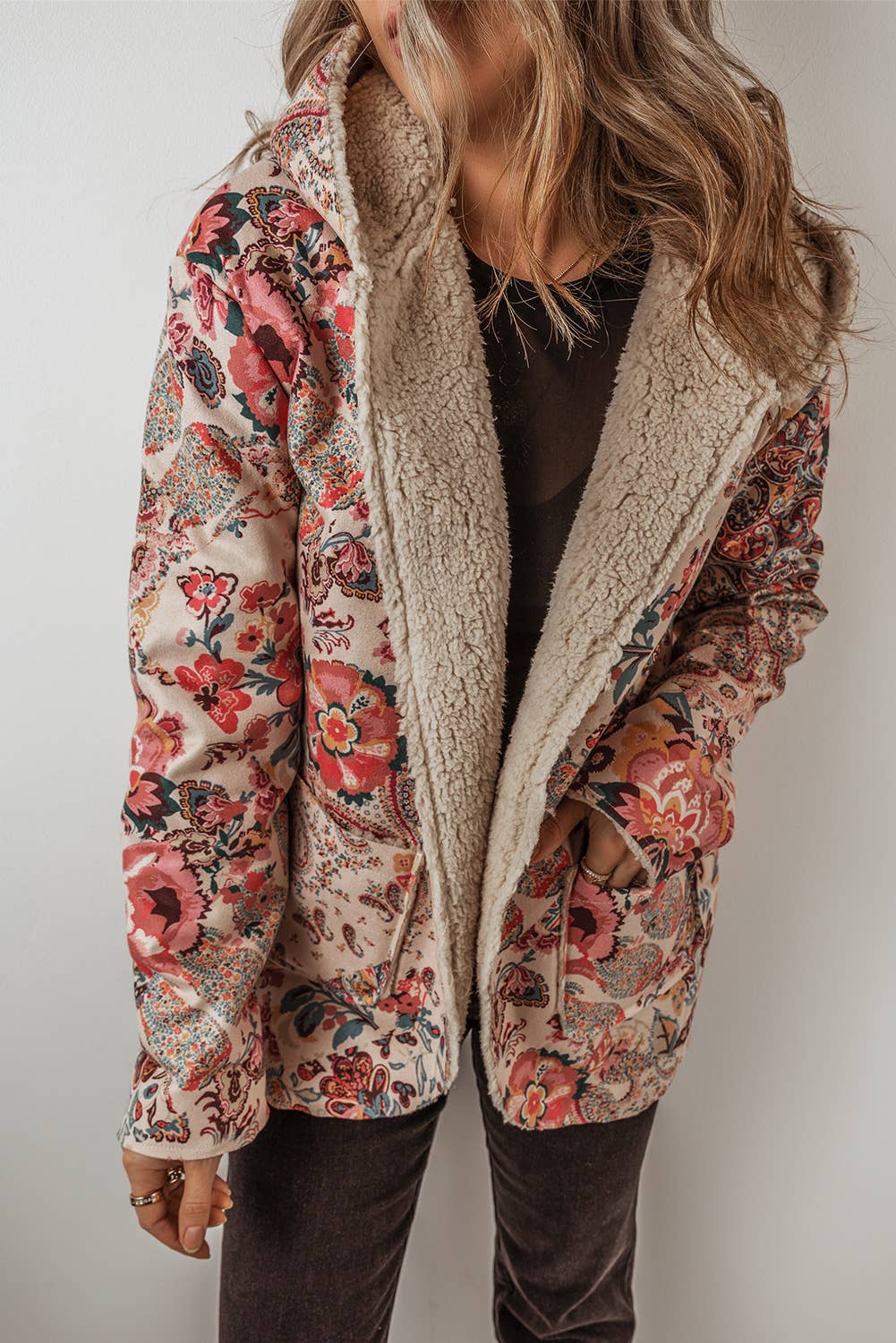 Paisley Floral Print Sherpa Lined Hooded Jacket |