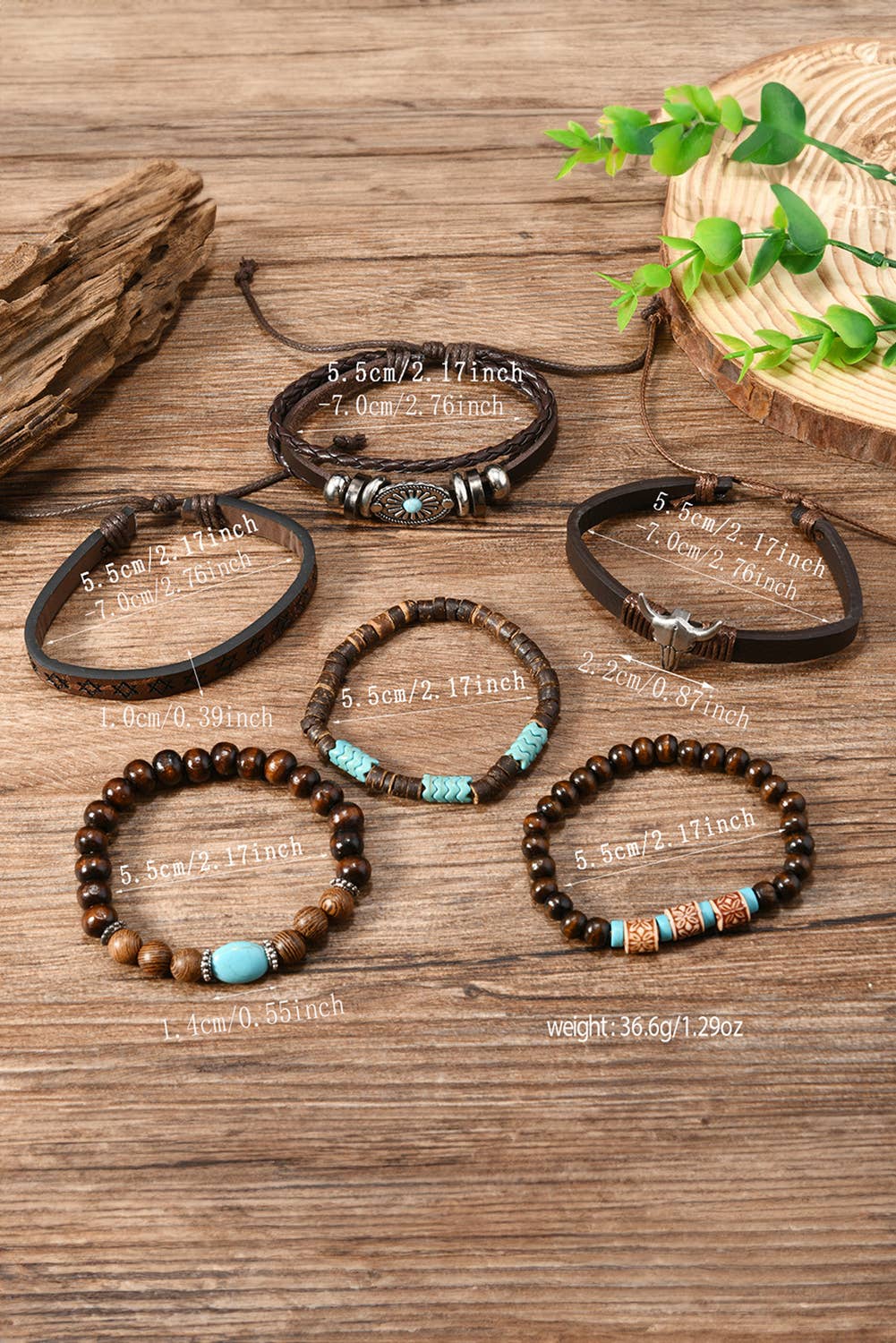 Western Bull Skull Turquoise Beading 6 Piece Bracelet