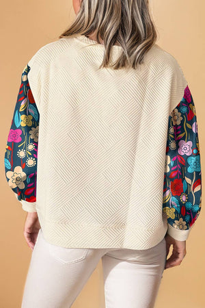 Floral Textured Drop Shoulder Long Sleeve Top