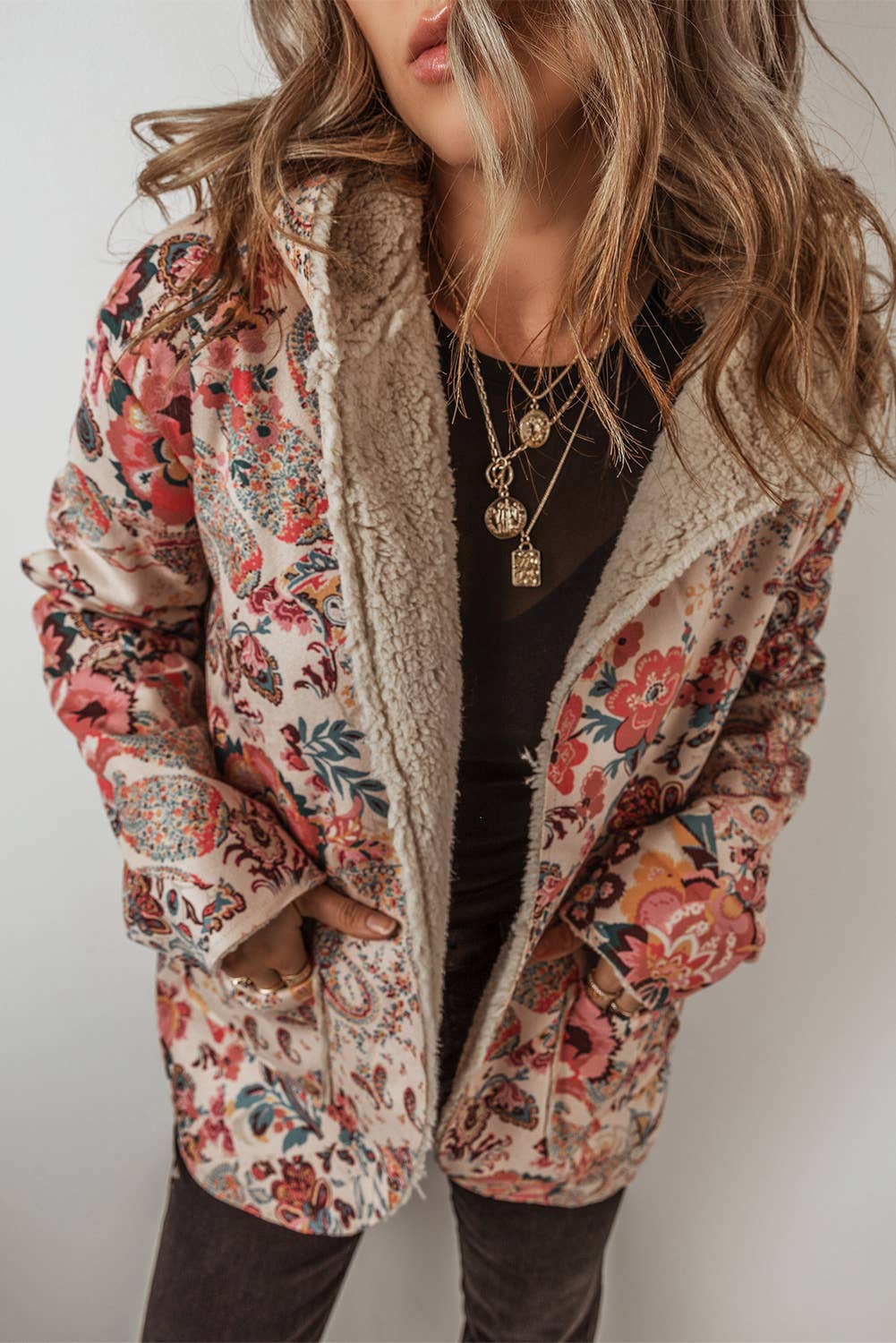 Paisley Floral Print Sherpa Lined Hooded Jacket |