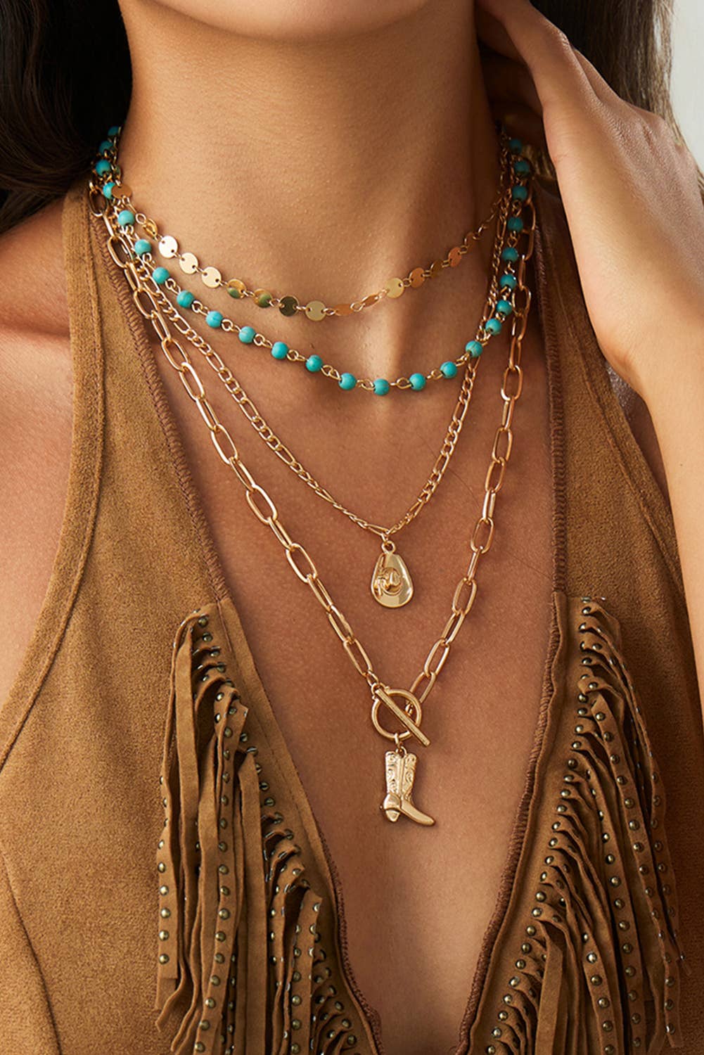 Western Cowgirl Boots Turquoise Beading Necklace Set | 4pcs