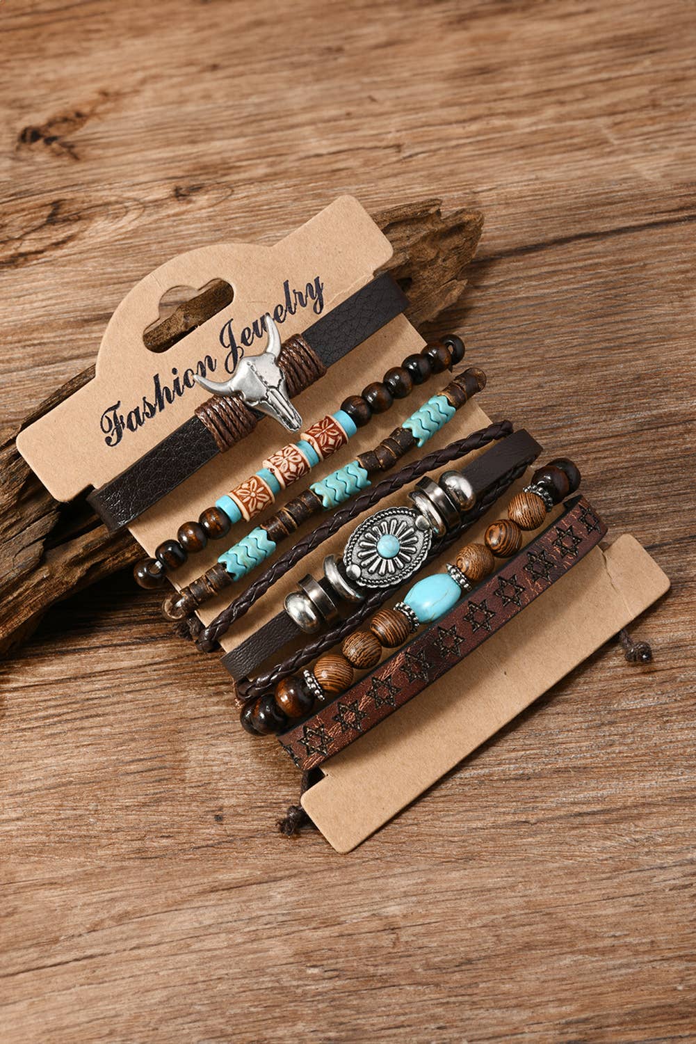 Western Bull Skull Turquoise Beading 6 Piece Bracelet