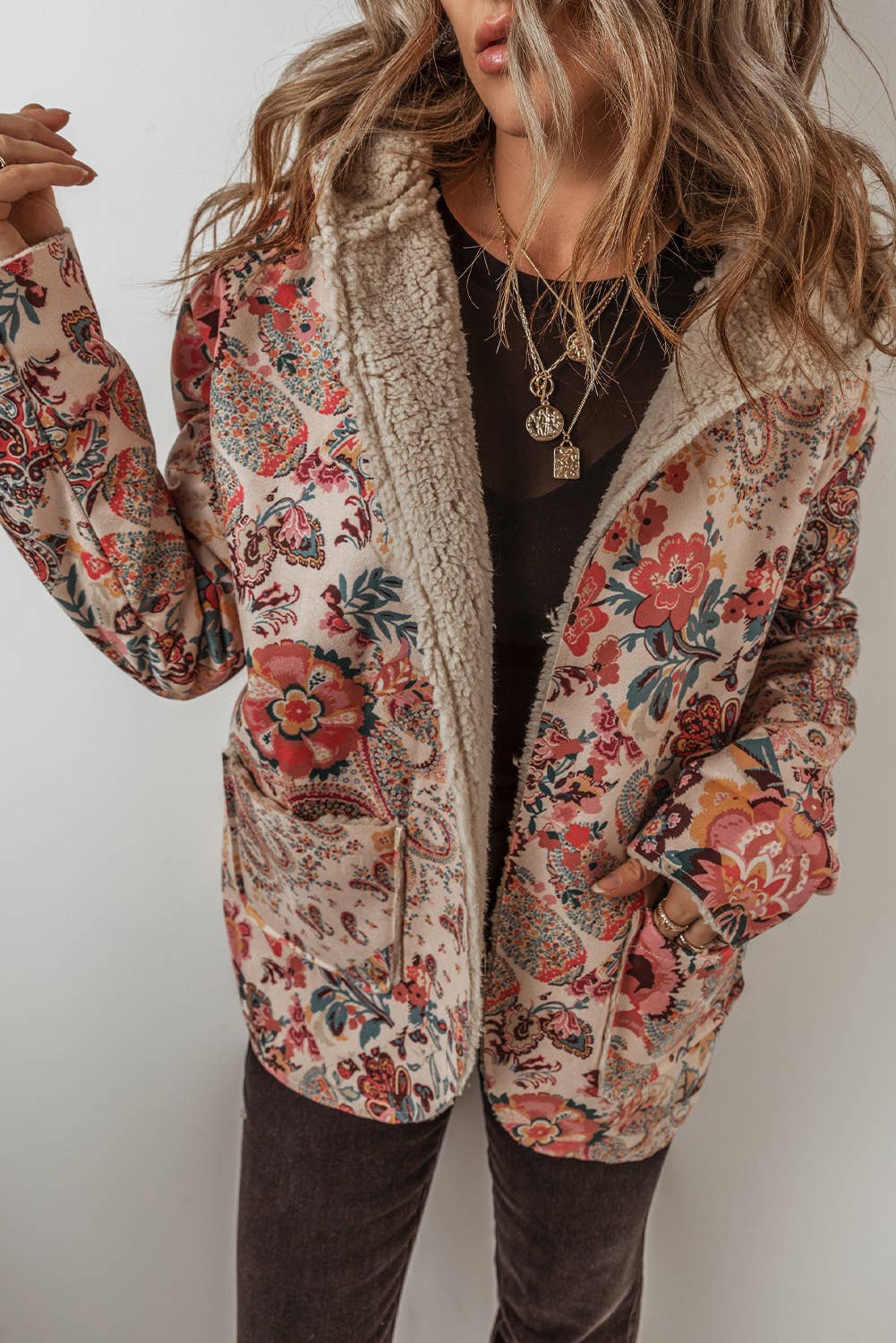 Paisley Floral Print Sherpa Lined Hooded Jacket |