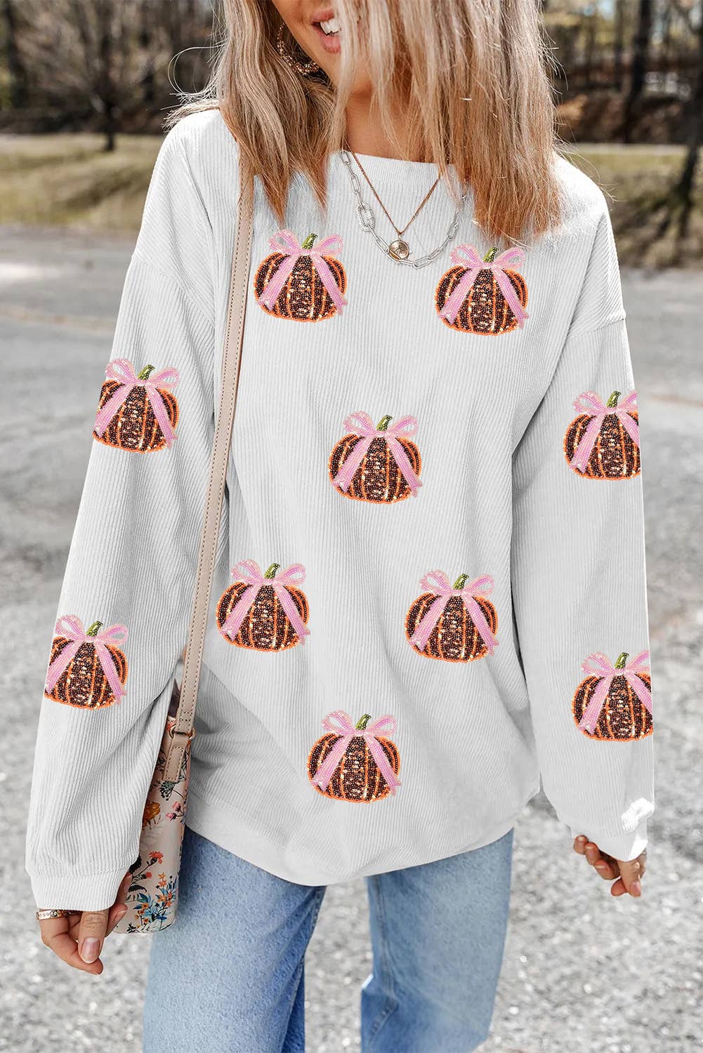 PREORDER  Bow Pumpkin Sequin Corded Crews