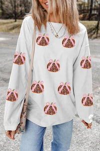PREORDER  Bow Pumpkin Sequin Corded Crews