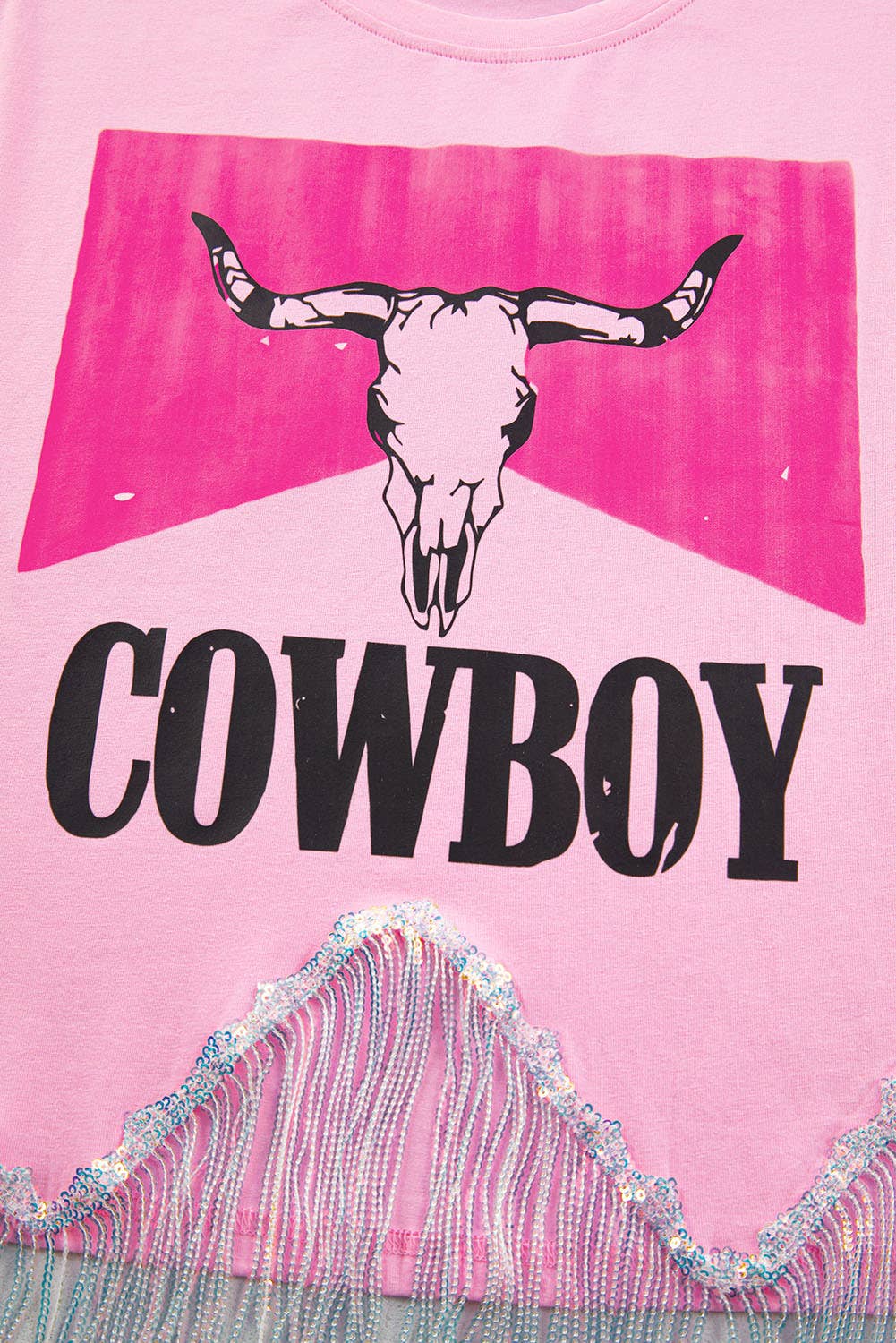 Women COWBOY Western Print Sequin Fringed Graphic Tee |