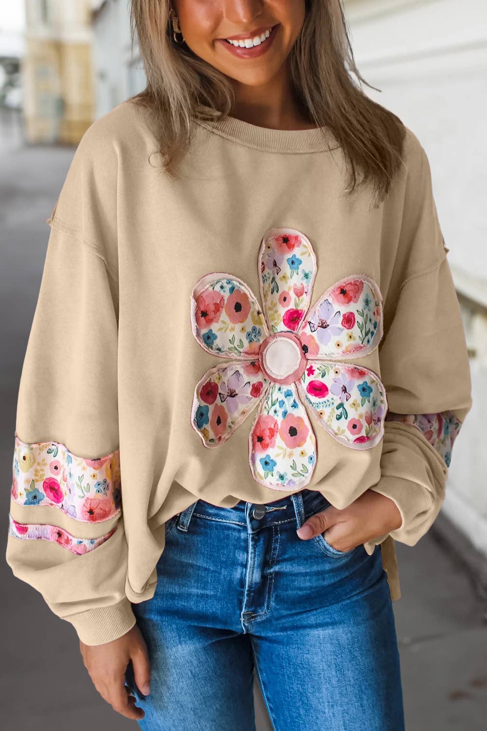 Floral Patch Long Sleeve Shift Sweatshirt