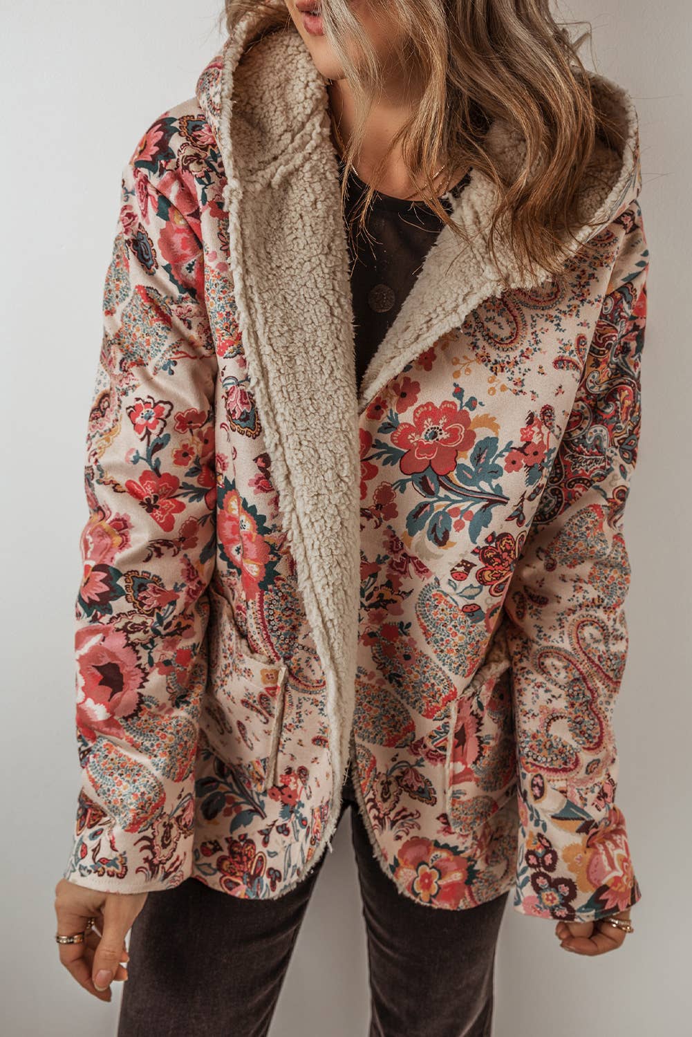 Paisley Floral Print Sherpa Lined Hooded Jacket |