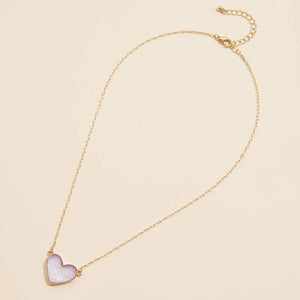 Heart Druzy Stone Charm Short Necklace