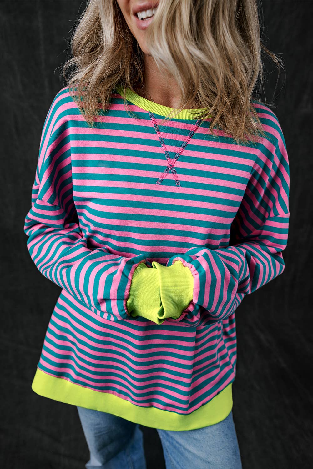 Women Stripe Print Long Sleeve Loose Fit Sweatshirt |