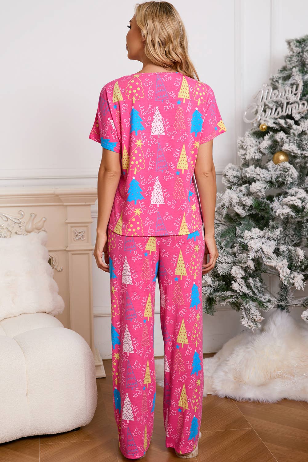 Christmas Tree Print Tee and Pants Pajamas Set |