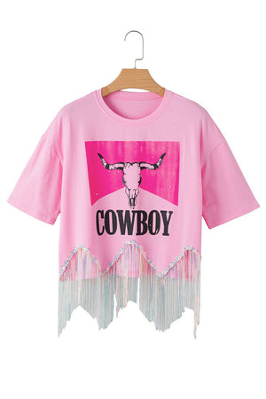 Women COWBOY Western Print Sequin Fringed Graphic Tee |