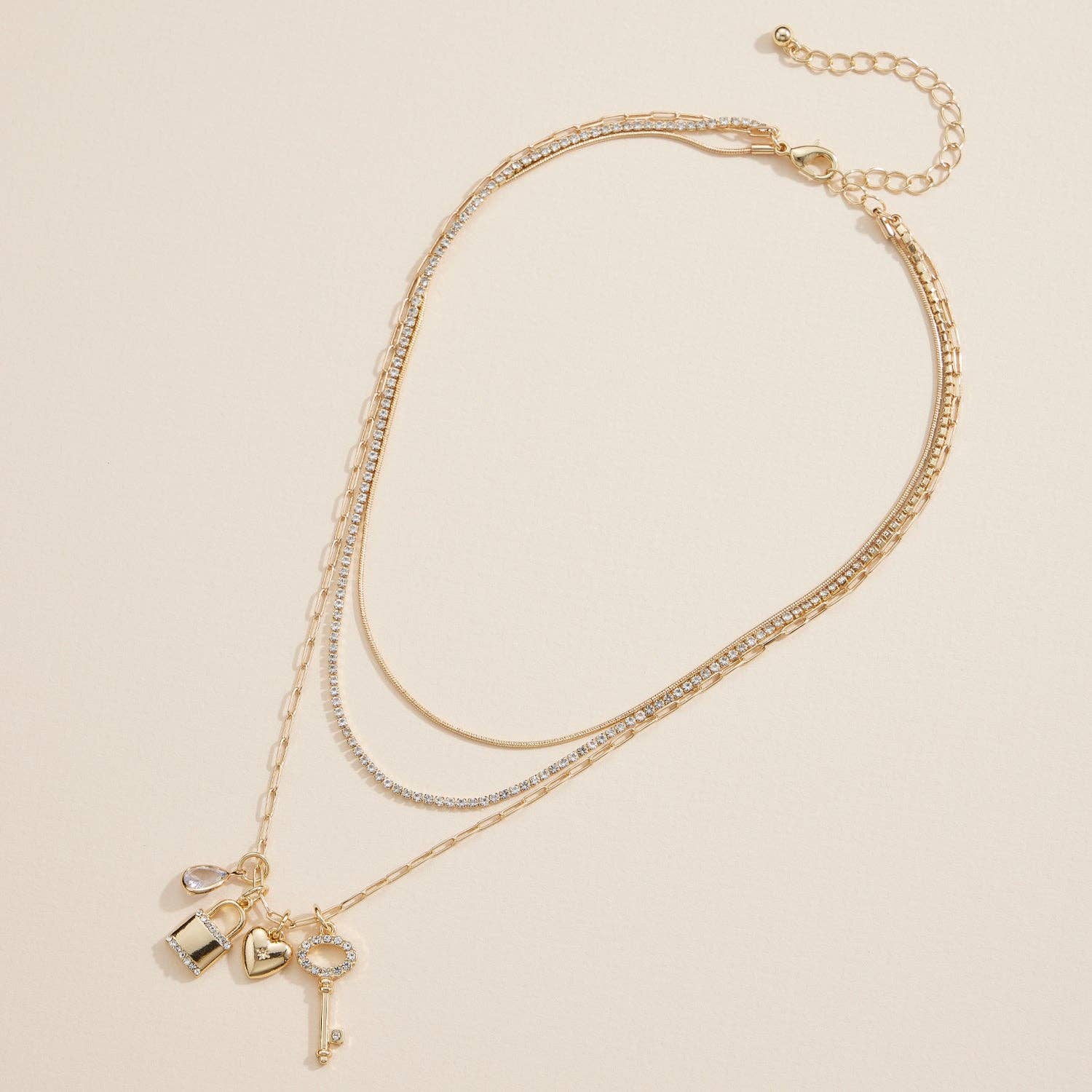Layered Necklace with Lock, Key & Heart Charms