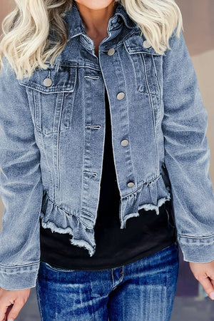 Ruffled Hem Flap Pockets Denim Jacket | S-2XL