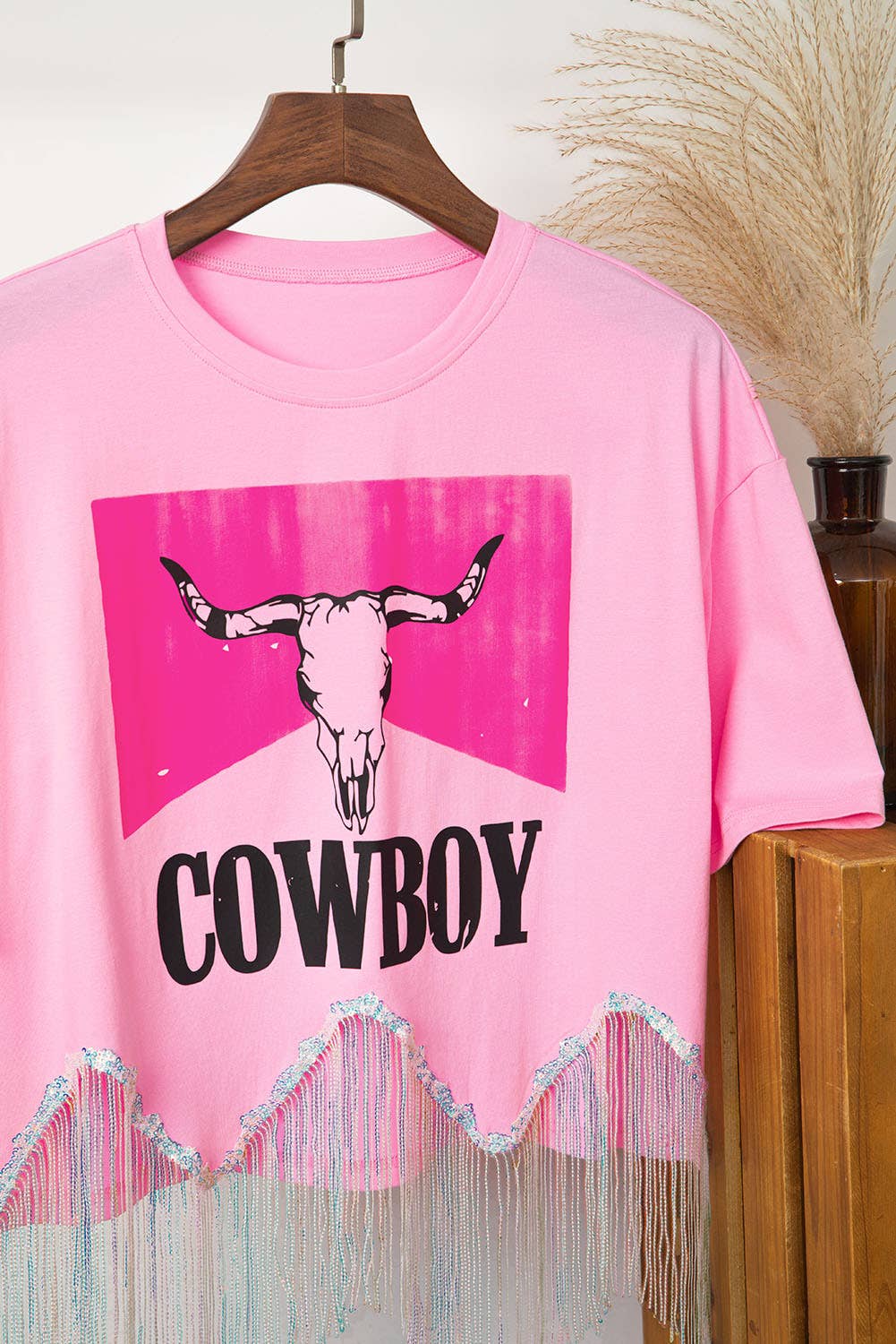 Women COWBOY Western Print Sequin Fringed Graphic Tee |