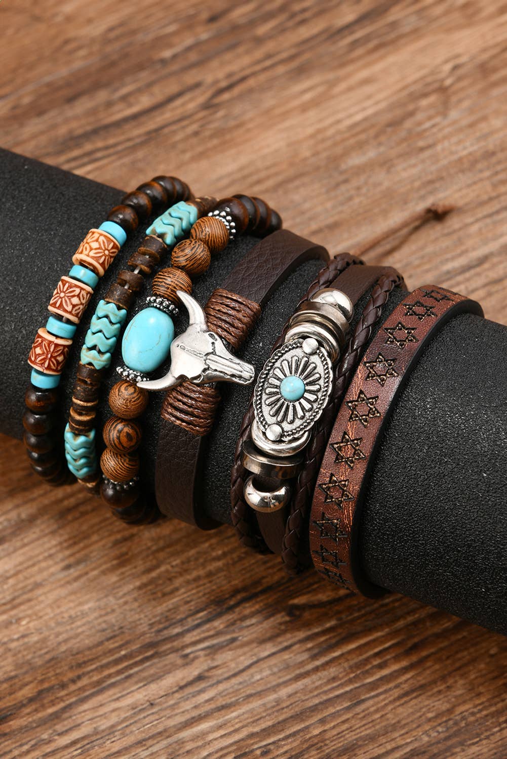 Western Bull Skull Turquoise Beading 6 Piece Bracelet