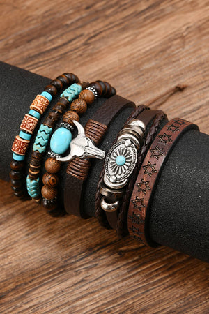 Western Bull Skull Turquoise Beading 6 Piece Bracelet