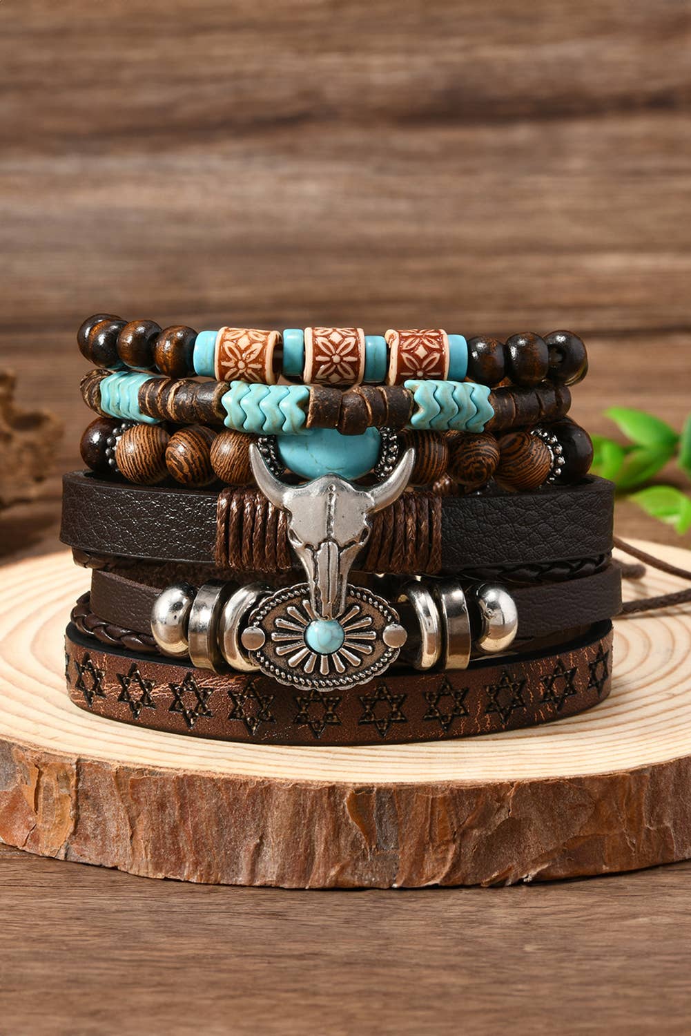 Western Bull Skull Turquoise Beading 6 Piece Bracelet