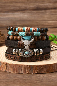 Western Bull Skull Turquoise Beading 6 Piece Bracelet