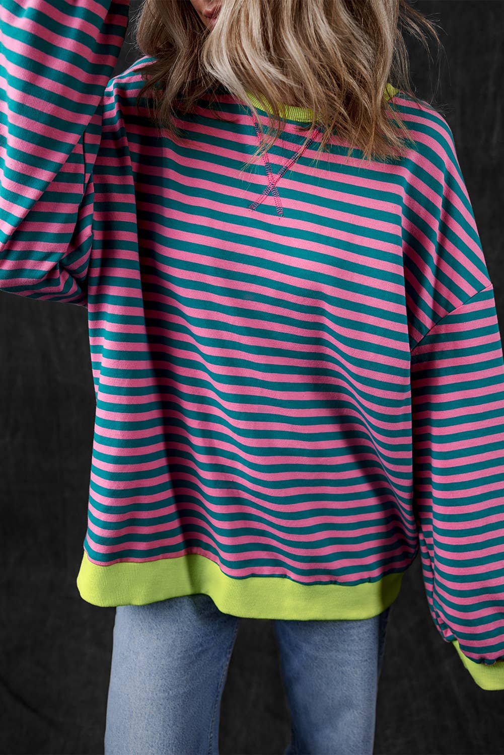 Women Stripe Print Long Sleeve Loose Fit Sweatshirt |