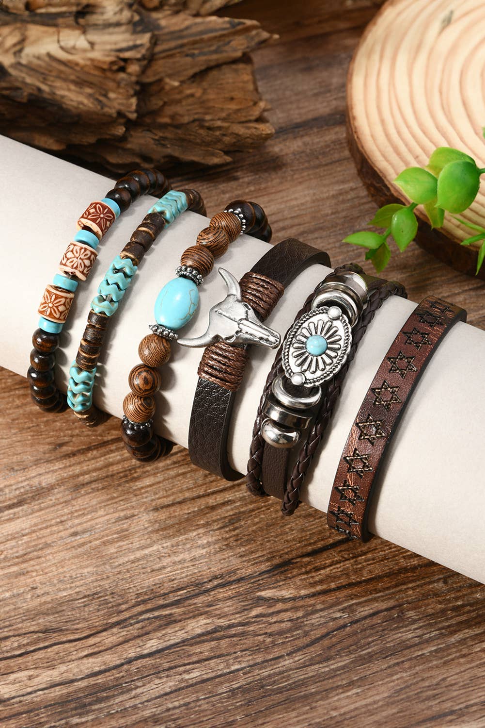 Western Bull Skull Turquoise Beading 6 Piece Bracelet