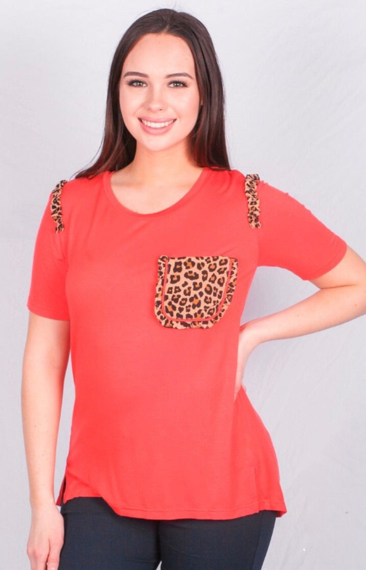 Coral Top with Leopard Accents