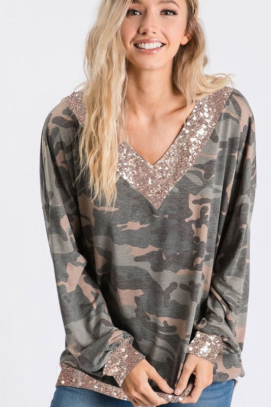 Camo Sequin Vneck