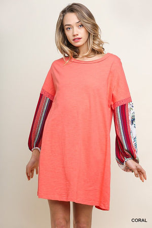 Coral Tee Dress with floral-stripe sleeves