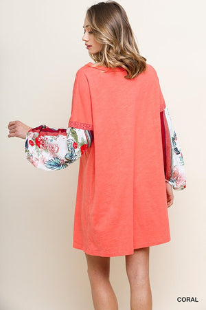 Coral Tee Dress with floral-stripe sleeves